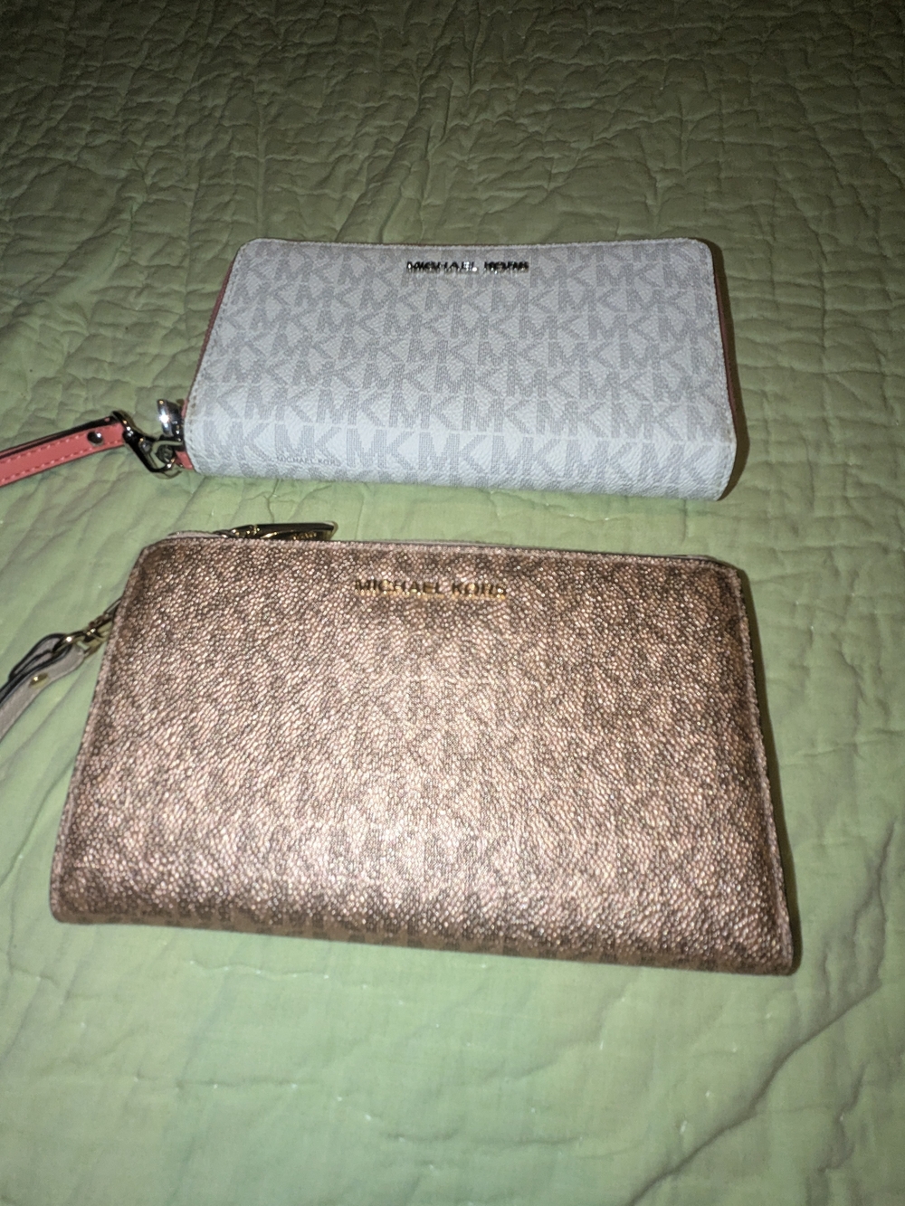 Michael Kors Metallic Rose Zip Wrist Wallet in Gold and White MK Logo